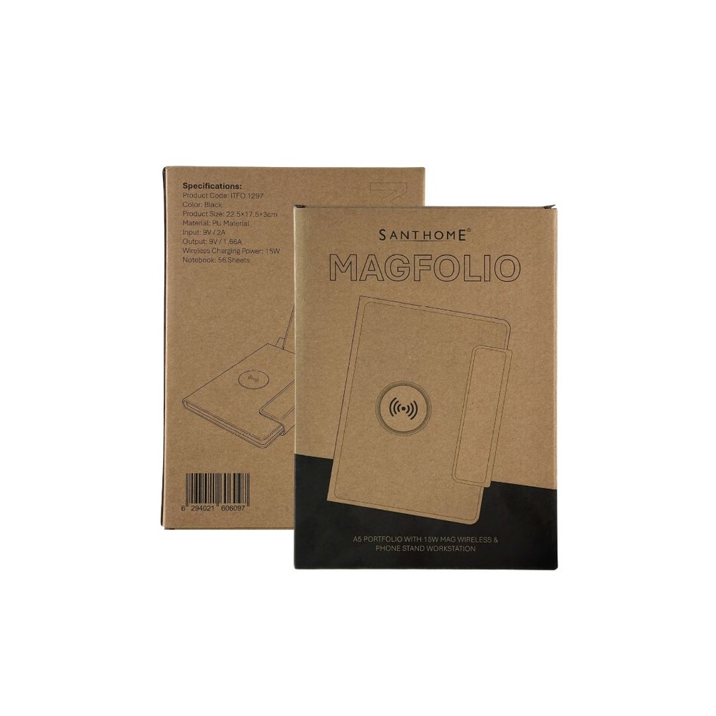 MagFolio - Santhome A5 PU notebook with 15W MagSafe Wireless Charger- Grey