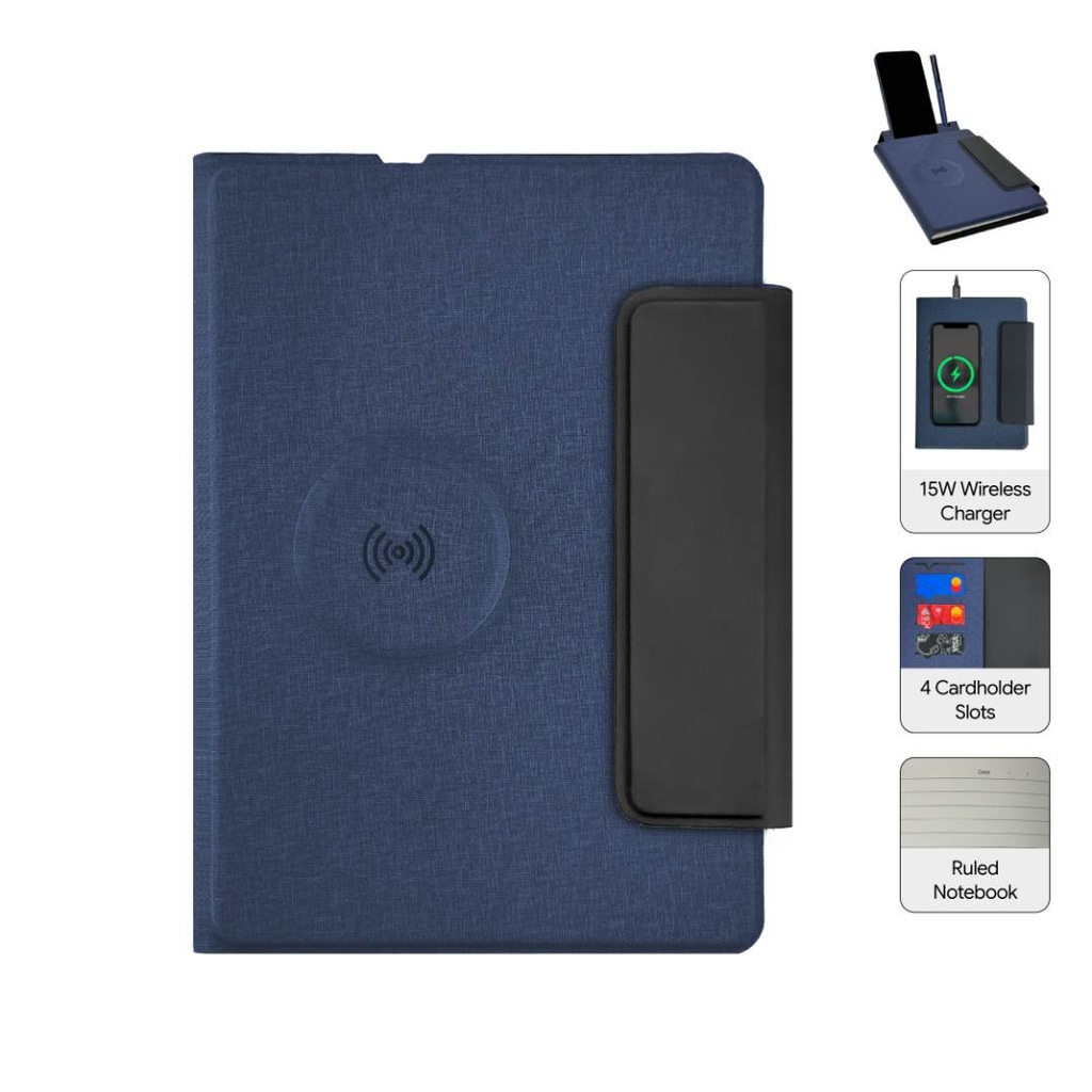 MagFolio - Santhome A5 PU Portfolio with 15W MagSafe Wireless Charger - Navy Blue 